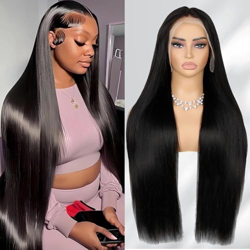 34 Inch 13x4 Human Hair Lace Front Wigs 250% Density Hd Lace Full Frontal Straight Wigs for Women 100% Unprocessed Virgin Human Hair Guleless Wigs Pre Plucked Bleached Knots Lace Wig Natural Color