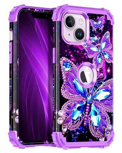 Miqala Compatible with iPhone 13 Case,Glow in The Dark Three Layer Heavy Duty Shockproof Hard Plastic Bumper+Soft Silicone Protective Case for Apple iPhone 13,Dark Butterfly