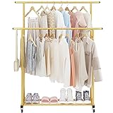 Calmootey Double Rod Clothing Garment Rack,Rolling Hanging Clothes Rack,Portable Clothes Organizer for Bedroom,Living Room,Clothing Store,Gold