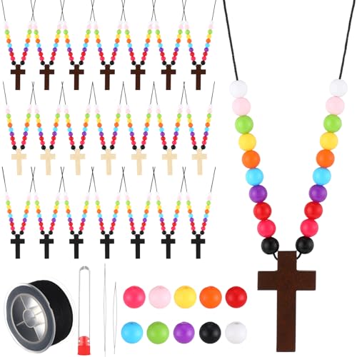 Ecation 48 Sets DIY Religious Crafts Wood Cross on Cord Wood Cross Pendant Necklace Bracelet with Colorful Assorted Beads Wooden Crosses Crafts (Large)