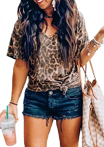Sexy V Neck T Shirts for Women Tie Dye Hollow Out Blouse Tops Summer Loose Casual Shirt Country Music Graphic Tee Shirts (XL,Leopard Print)