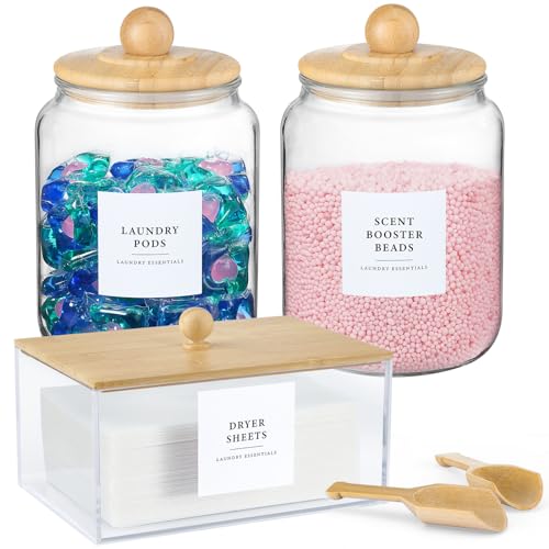 Glass Jars and Dryer Sheet Holder with Bamboo Lids, Dispenser Set and Labels, Containers for Laundry Room Organization and Storage, Half Gallon Airtight jars, Acrylic Storage Box for Laundry supplies