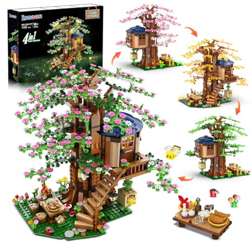 INSOON 4 in 1 Tree House Building Set with LED Light, 1157 PCS Flowers Treehouse Building Block Toy, Forest Wood House Building Kit with Bird Bees, Birthday Gift for Adults Teens Kids Girls Boys 10+