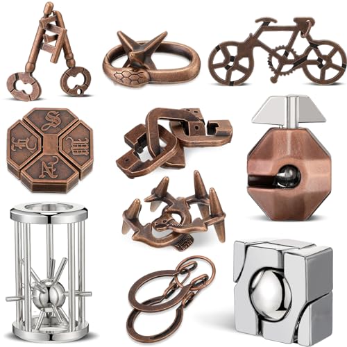 Syhood 10 Pieces Metal Brain Teaser Puzzles for Adults 3D Steel Puzzle Difficult Magic Mind Challenge Unlock Interlocking Games Iq Smart Logic Test Toys Basket Filler Stuffers(Classic)