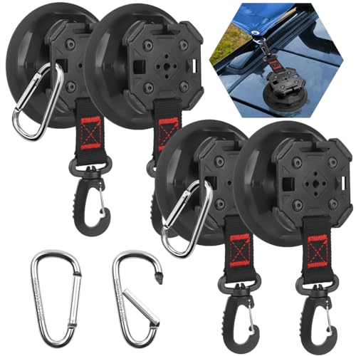 4PCS Upgrade Heavy Duty Rotating Vacuum Suction Cups Anchor Hooks With 4PCS Buckles ,Large Hook Suction Cup Hangers,Strong Suction Cup Hook for RV Awning Camping Outdoor,Window Suction Cups With Hook