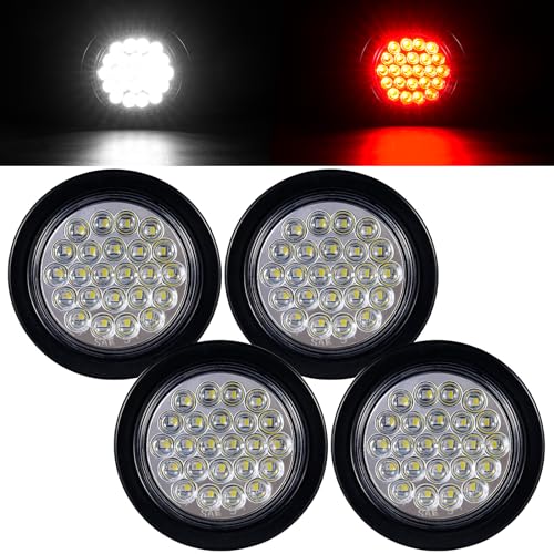 PVerandio Pack of 4 4 Inch LED Round Trailer Lights 24 LEDS RED Stop Turn Signal Tail Lights, WHITE Back-up Lights 4" Red/White Reverse Lights Trailer Truck Tail Lights with 3 Prong Wire Pigtails