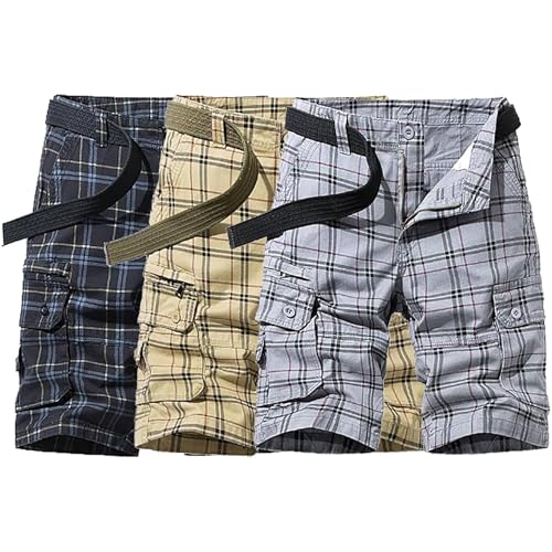 Mens Plaid Cargo Shorts Lightweight Multi Pocket Casual Short Pants Summer Outdoor Loose Shorts No Belt (Color3-3pack,34)