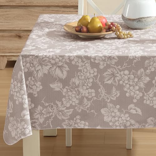 Grapevines Taupe Contemporary Grape Print Heavy 4 Gauge Vinyl Flannel Backed Tablecloth, Indoor/Outdoor Wipe Clean Tablecloth with Flannel Backing, 60 Inch x 120 Inch Oblong/Rectangle, Taupe