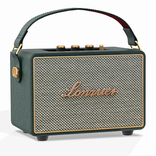 Lonzuer Vintage Home Decor Wireless Bluetooth Wooden Carrying Portable Speaker Deep Bass with Fabric Grill Leather Strap Handle-Green