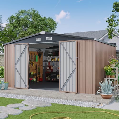 Aoxun 12x10 FT Shed with Floor Metal Outdoor Waterproof Storage Shed Steel Utility Garden Tool Shed with Door & Lock Outdoor Storage for Garden Patio Lawn Poolside, Brown