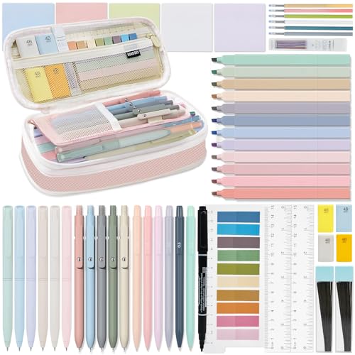 HRFGWDD 52 PCS Aesthetic School Supplies with Highlighters, Mechanical Pencils, Color Ink Gel pens, Pencil Case, Bible Study Supplies, Pens Pencils and Highlighters Set, Stationary Set for Student