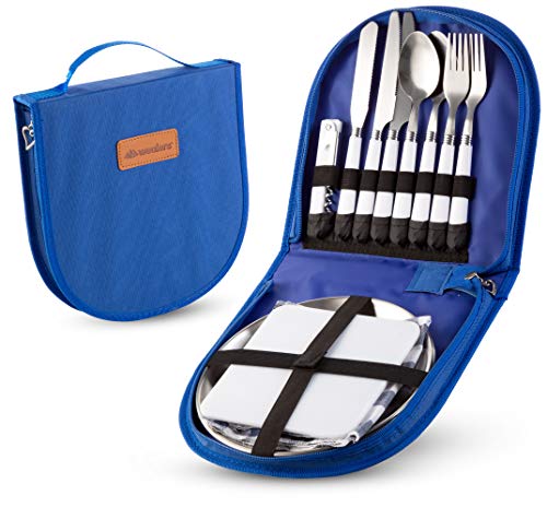 Camping Silverware Kit Cutlery Organizer Utensil Picnic Set - 12 Piece Mess Kit For 2 - Stainless Steel Plate Spoon Butter and Serrated Knife Wine Opener Fork Napkin Hiking - Camp Kitchen BBQ’s (Blue)