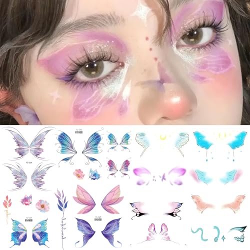 12 Sheets Glitter Butterfly Eye Face Temporary Tattoos Sticker for Women Girls Colorful Eye Makeup Fairy Wings Butterflies Flowers Fake Tattoo Decals for Dancer Festival Birthday Cosplay Party Décor