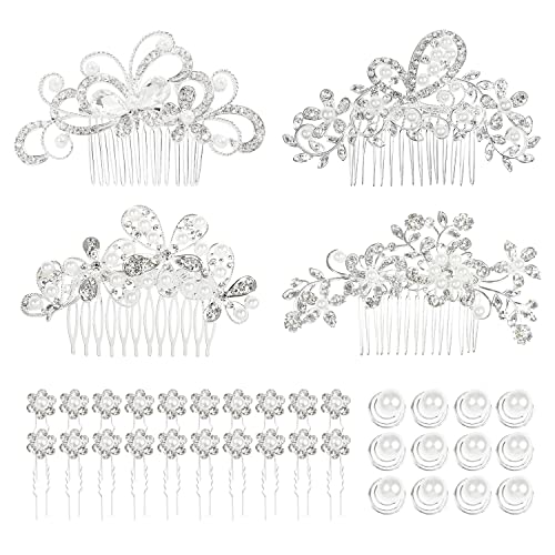 Cinaci 36 Pack Sparkly Silver Rhinestone Pearl Flower Butterfly Bridal Hair Side Combs+U-shaped & Twist Crystal Hair Pins Clips Wedding Headpieces Prom Accessories for Women Girls Brides Bridesmaids