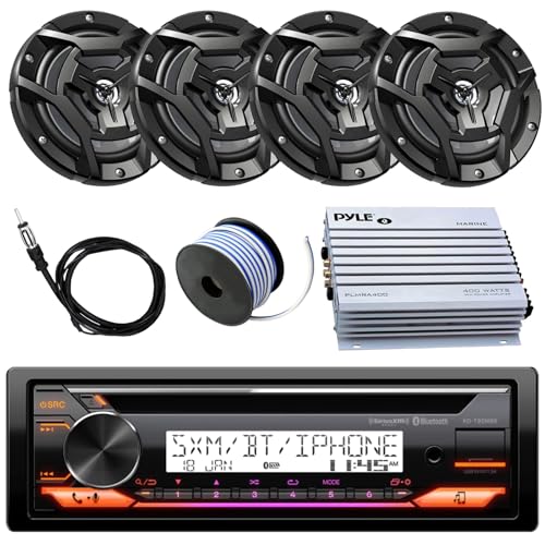 Single DIN Marine Bluetooth AM/FM USB AUX CD Player Stereo Receiver with (Qty 4) 6.5" 150 Watt Peak Power 2-Way Black Speakers, 4-Channel Amplifier, Radio Antenna, 50 Ft Speaker Wire