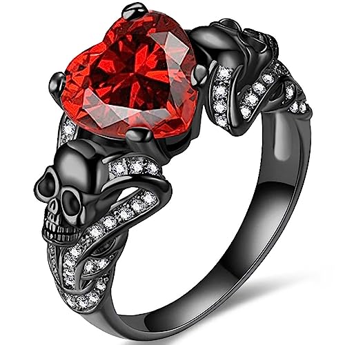 Gothic Jewelry Purple Red Black Crystal Unique Black Skull Rings for Women Halloween Christmas Gifts (Red, 9)