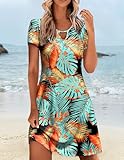 HOTOUCH Casual Dress with Pockets Sundresses for Women Vacation Dress Short Sleeve Tropical Dresses for Women Tunic Dresses Leaf Printed Large