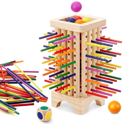 Relaxgiant Montessori Game with Colorful Wooden Sticks Tower Dice Ball Wooden Board Games Fine Motor Skills Counting Math Educational Toys for Family Travel(Square)