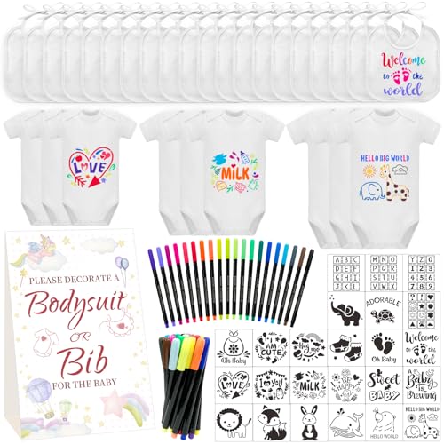 Aisharery Bibs Bodysuits Baby Shower Game Sign Set Newborn Onesies Feeder Gift Fabric Marker Stencils Kit