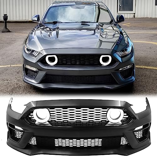 FREEMOTOR802 Front Bumper Compatible with 2015-2017 Ford Mustang V6 & EcoBoost & GT | Primer Black Mach 1 Style PP Full Bumper Conversion Kit - LED Grille Fog Covers