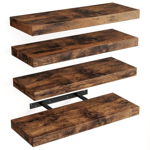 Fixwal 15.8in Floating Shelves, Rustic Wood Finish Wall Shelves Set of 4, Shelves for Wall Decor, with Invisible Brackets for Bathroom, Living Room,Bedroom and Kitchen(Rustic Brown)