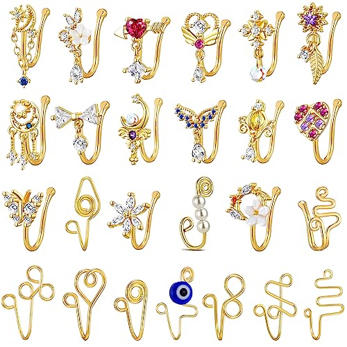 25 Pcs Fake Nose Ring Clip On Nose Rings For Women Non Piercing Nose Cuffs For Non Pierced Nose Piercing Jewelry Gold Nose Ring Dangle Fake Nose Rings For Women Nose Clip Jewelry Cubic Zirconia