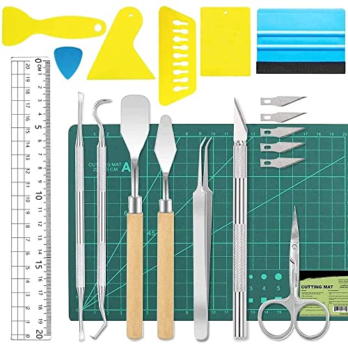 MMOBIEL 19-Piece Vinyl A5 Cutting Mat Tool Set Stainless Steel with Scrapers, Scalpel Knives, Spatula Spudgers, Ruler Tweezers and Scissors