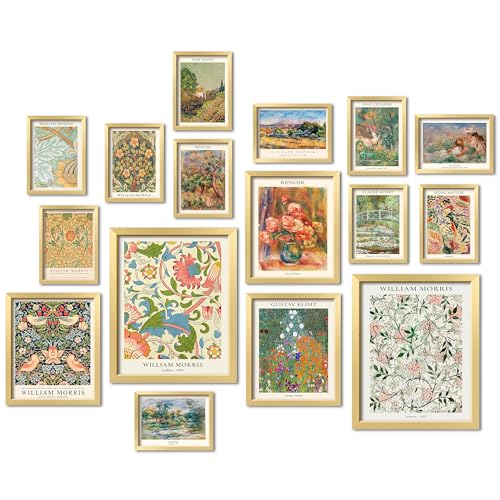 ANERZA 16 PCS Gold Framed Vintage Eclectic Wall Art Decor, William Morris Wall Prints for Bedroom, Gallery Wall Frame Set, Posters for Living Room Aesthetic, Collage Kit, Colorful Dorm Home Artwork