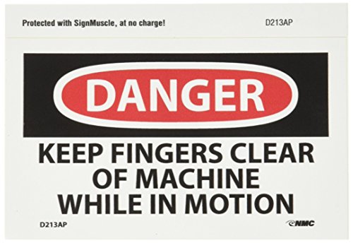 NMC D213AP OSHA Sign, Legend "DANGER - KEEP FINGERS CLEAR OF MACHINE WHILE IN MOTION", 5" Length x 3" Height, Pressure Sensitive Adhesive Vinyl, Black/Red on White (Pack of 5)