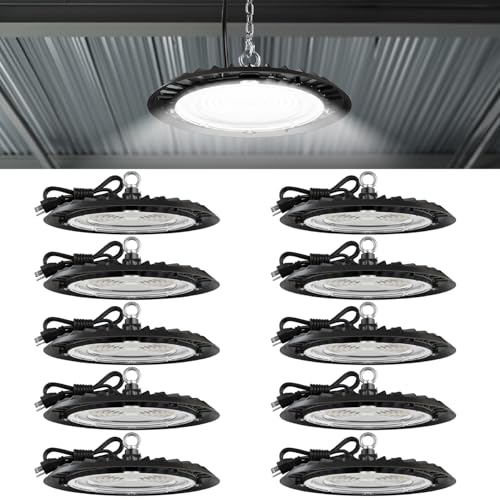 Sunco 10 Pack UFO LED High Bay Light, Shop Lights for Warehouse, Plug & Play, 19500 LM, 150W, 6000K Daylight Deluxe, Power Cord Included, IP65 Waterproof Shatterproof Fixture UL.