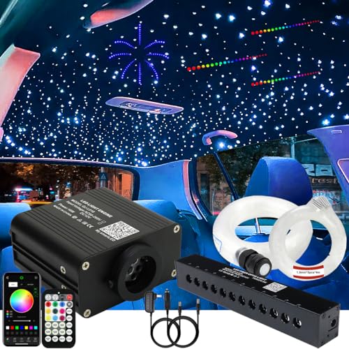 AZIMOM 16W Twinkle & Sound Activate 600pcs*0.03in*13.1ft Fiber Optic Starlight Headliner Kits+RGB Meteor Shooting Star,APP& Remote Control Light Engine End Glow Fiber Strands Home Car Ceiling Décor