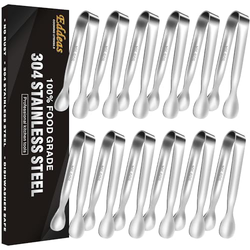 Eddeas Mini Tongs For Serving Food，Set fo 12 Small Tongs For Appetizers，Small Stainless Steel Metal Cooking Tong，for Tea Party Coffee Bar, 4 inch Sugar Tong - Silver