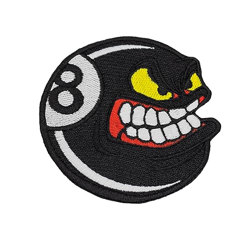 Angry Black Billiard Ball Number Eight Embroidered Patch Iron On. Size: 3.5 x 3.5 inches.