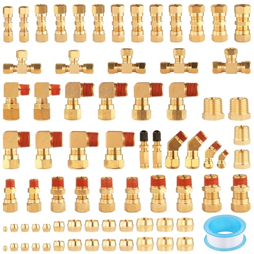 Ailbiuko 74Pcs DOT Air Brake Line Fittings,Brass Compression Air Nylon Tubing Fittings Assortment Kits 1/4" 1/8" 3/8" 1/2" 5/8" for Industrial Use or Trucks Trailers