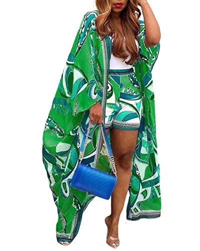 Summer Vacation 2 Piece Outfits for Women Boho Long Kimono Cardigans Beach Cover Up Short Sets