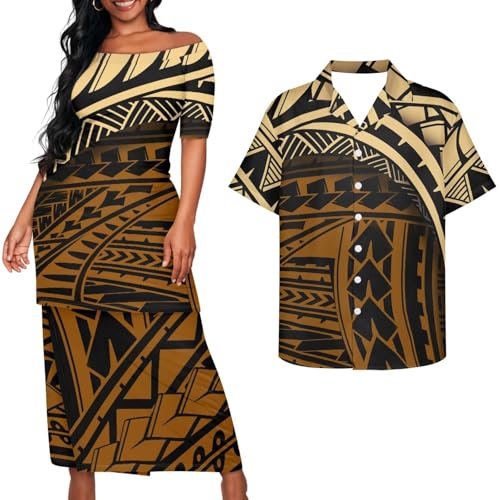 QUJUFOZY Polynesian Couples Tribal Outfits Matching Sets Samoa Black and Gold Polynesian Dress Puletasi Set Traditional Tribal Polynesian Tribal Clothing Couple Couple Matching Outfits 2XL