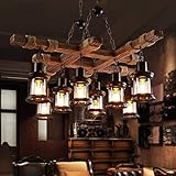 8 Lights Industrial Wooden Hanging Lighting Black Metal Chandelier Farmhouse Vintage Pendant Lamp Glass Lampshade for Pool Table Kitchen Island Bar Retro Ceiling Light Height Adjustable Fixture