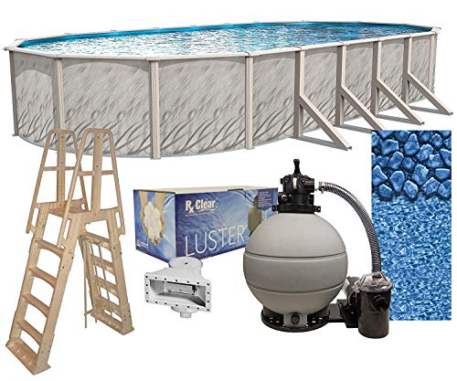 Lake Effect Pools Meadows Reprieve 15' x 30' Oval Above Ground Swimming Pool | 52" Height | Bundle Kit | Boulder Swirl Pool Liner | A Frame Ladder | Sand Filter System with Pump | Skimmer