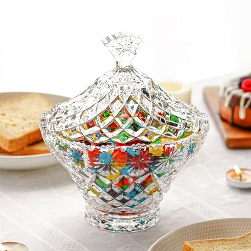 21.5oz Large Glass Candy Dish With Lid - Clear Decorative Jar Crystal Bowl for Home Kitchen Office Table