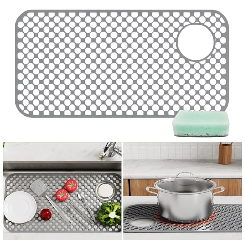 Kitchen Sink Silicone Protector - 28.4" by 14.3" Heat Resistant Non-Slip Silicone Sink Mat to Protect Stainless Steel Sink, Left and Right Drain (Gray)
