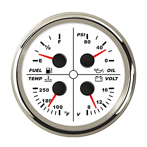 ELING Universal 85mm 4 in 1 Multi-Functional Gauge Oil Pressure 0-80Psi Fuel Level 0-190ohm 100-250℉ Water Temp 8-16V Voltmeter for Marine Boat Car Truck with Red Backlight (White+Stainless Steel)