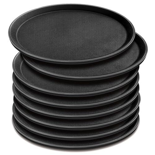 8 Pcs 16 Inch Round Serving Trays Restaurant Serving Trays Plastic Food Drink Serving Tray Non Slip Rubber Lined Black Serving Tray for Party Bar Restaurant Cocktail Cafeteria