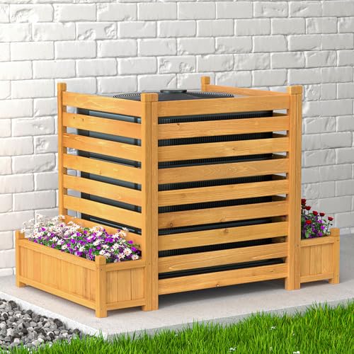 GDLF Air Conditioner Fence 3 Panels Outdoor Wood Privacy Screen with Planter Box to Hide AC Unit & Trash Enclosure No-Dig Kit 33" W x 38" H