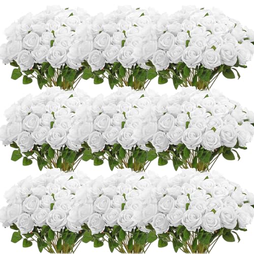 Jexine 100 Pieces Artificial Roses Flowers Bulk, Long Stem Realistic Fake Silk Roses Bouquet for Table Centerpiece Vases Wedding Party Kitchen Decor(Pure White)