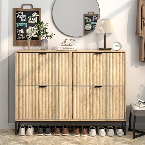 Jluomei Shoe Cabinet Storage for Entryway Slim Modern Shoe Rack Cabinet with 4 Flip Drawers Tipping Wooden Narrow Shoe Cabinet Freestanding Fluted Shoe Organizer for Living Room, Wood