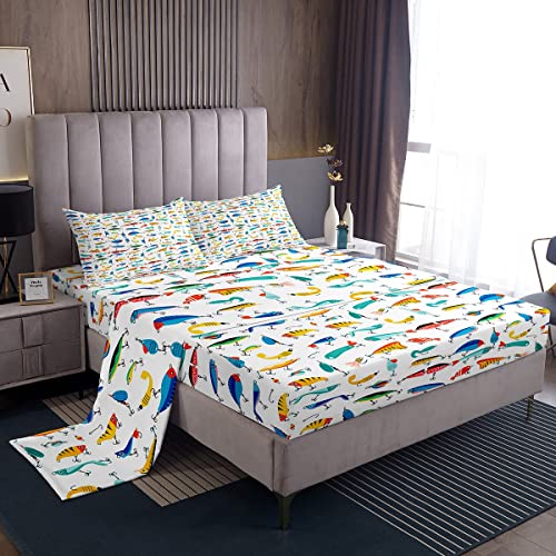 Fish Sheets Set Twin Size Cute Fish Bait Sheets with Deep Pocket Fitted Sheet for Kids Boys Girls Colorful Fishing Hooks Bed Sheet Set Nature Fishing Theme Bed Set Room Decor 3Pcs with 1 Pillow Case