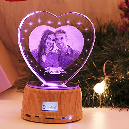 Shiny Alice Personalized Heart Night Light 3D Crystal Lamp Custom Photo Picture Engraved Led Light 7 Color with Music Wood Base Personalized Gift for Women Family Christmas Decoration… (heart)