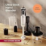 MuellerLiving Immersion Hand Blender Full Set - 8 Speed Immersion Blender, Hand Mixer with 7 Attachments: Stainless Steel Blade, Whisk, Milk Frother, Beater, Mixing Hooks, Potato Masher, Chopper Bowl