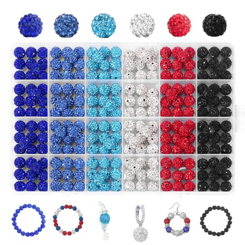 240pcs 10mm Rhinestone Beads for Crafting, Sparkle Clay Beads Crystal Disco Ball for DIY Jewelry Making Bracelet Necklace Earring and Independence Day Decorations Clay Rhinestone Red and Blue Series