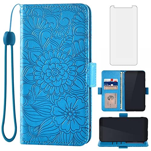 Asuwish Compatible with ZTE Blade A5 2019 Wallet Case and Tempered Glass Screen Protector Card Holder Stand Magnetic Leather Flip Cell Accessories Phone Cover for A 5 5A 2019 Women Men Blue